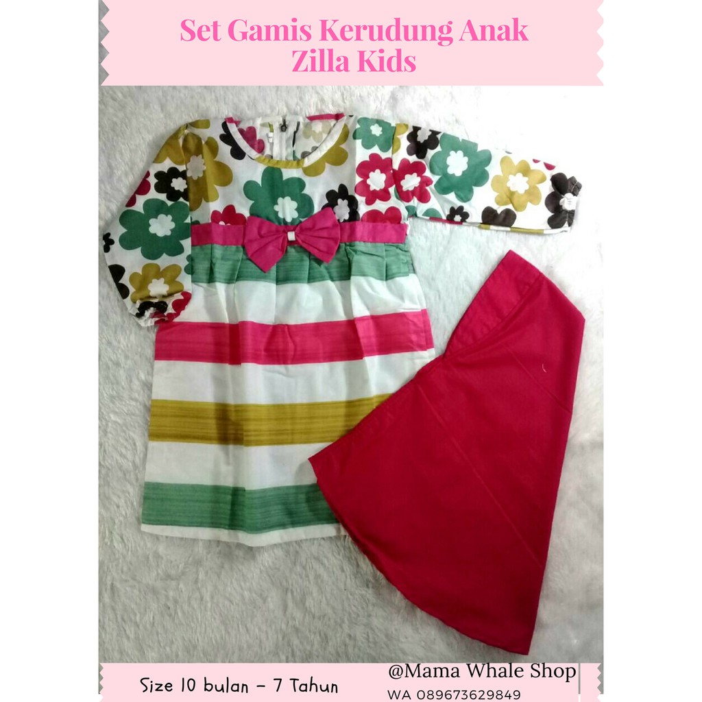 Set Gamis Kerudung Anak - Motif Bunga Garis - 1-7th