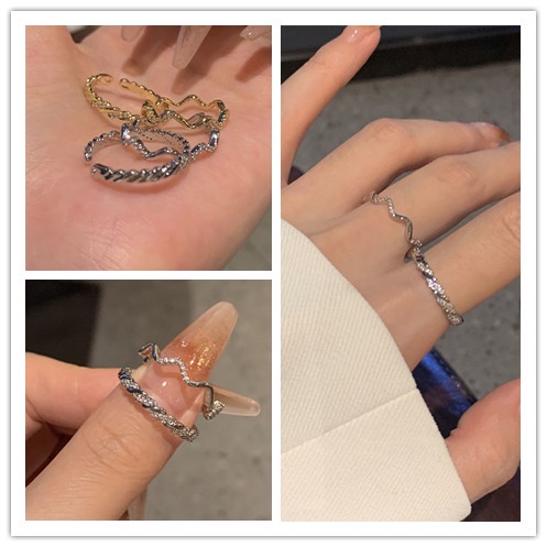 2pcs / set Cincin Jari Telunjuk Model Terbuka Dapat Disesuaikan Aksen Berlian Imitasi Untuk Wanita