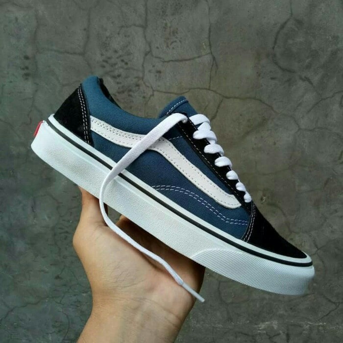 Sepatu Vans Oldskool Navy White Sneakers Pria Kets Hitam Putih Kado Hadiah Sekolah Kuliah Kerja