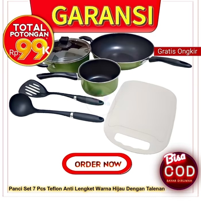 Panci Set 7 Pcs Teflon Anti Lengket Warna Hijau Dengan Talenan
