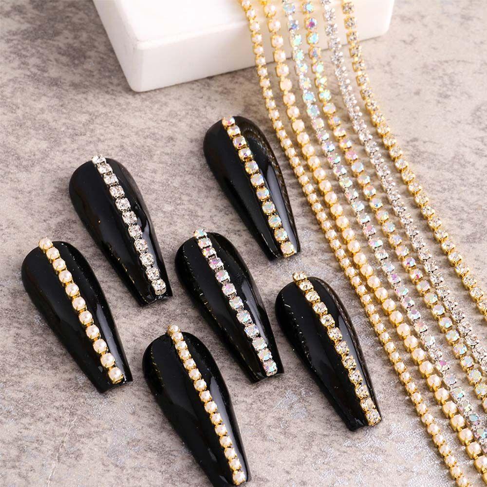 MXBEAUTY Rantai Logam Kuku Rhinestones Pesona 6kisi /set Emas Hiasan Kuku 3D Aksesoris Kuku Manicure Pearl Chain Nail Jewelry