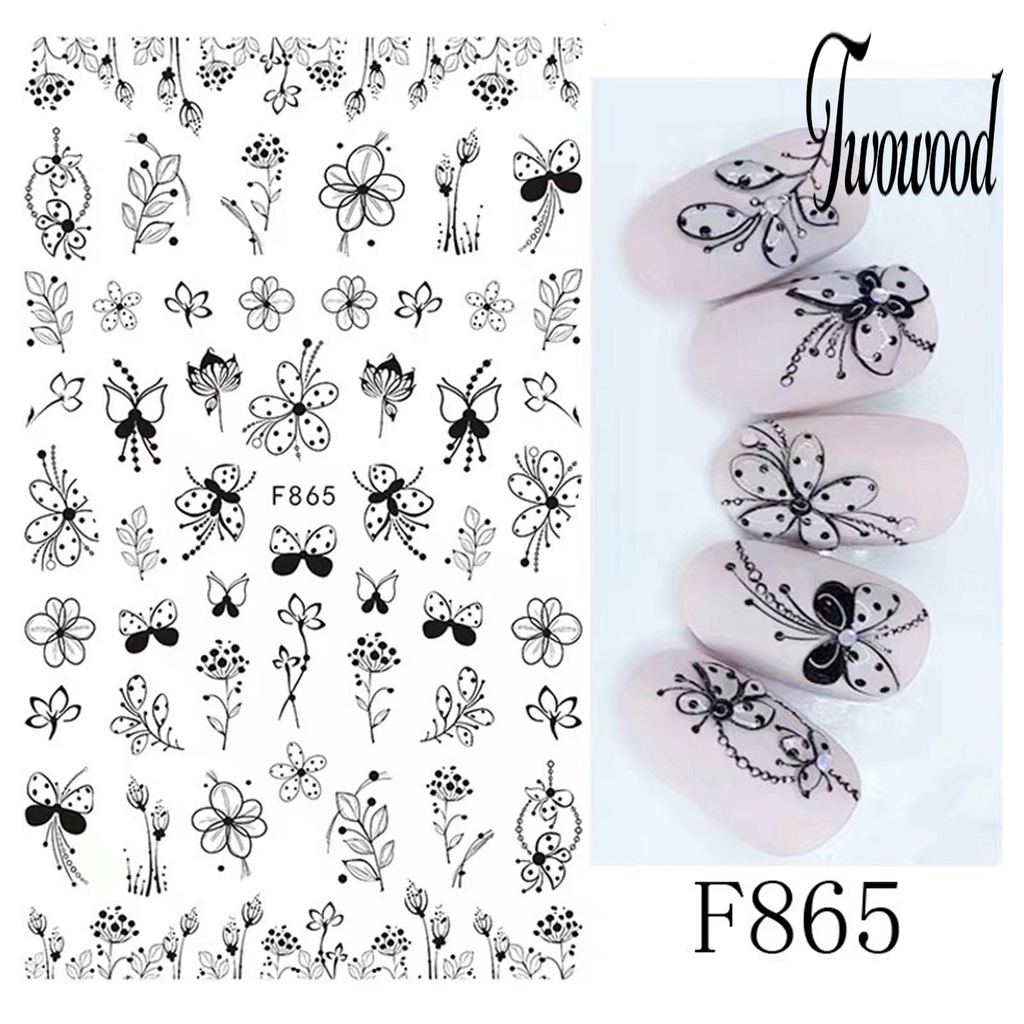 Twowood Stiker Kuku Motif Bunga / Kupu-Kupu Hitam Putih Untuk Nail Art / Manicure DIY Butterfly