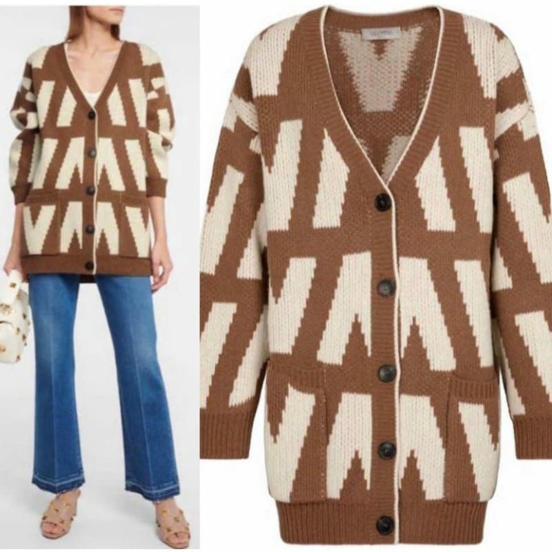 Valentino Cardigan Oversize Rajut Logo Intarsia Woll Korea Style