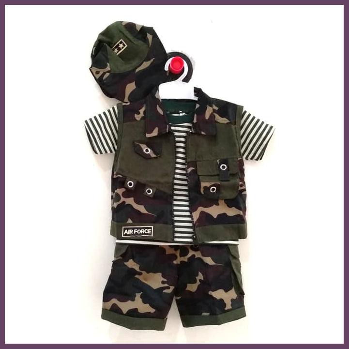 BAJU SETELAN ANAK BAYI ROMPI TENTARA TOPI - COOL ARMY - SIZE 1
