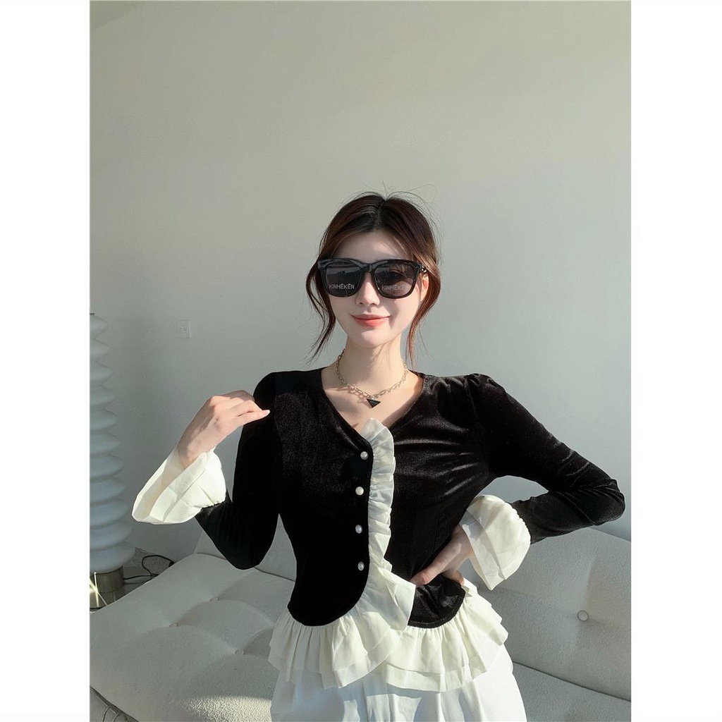 Kemeja beludru wanita desain ruffle sense niche kemeja lengan panjang Prancis musim semi hitam retro