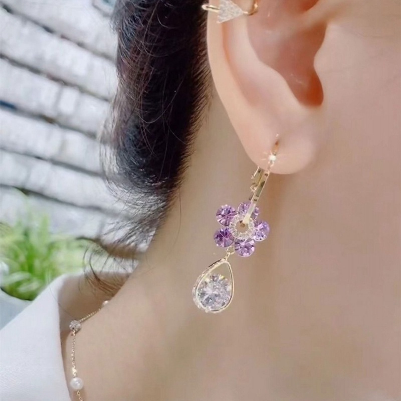 Fancyqube Anting Menjuntai Desain Bunga Aster Hias Kristal Zircon Biru Gaya Korea Untuk Wanita