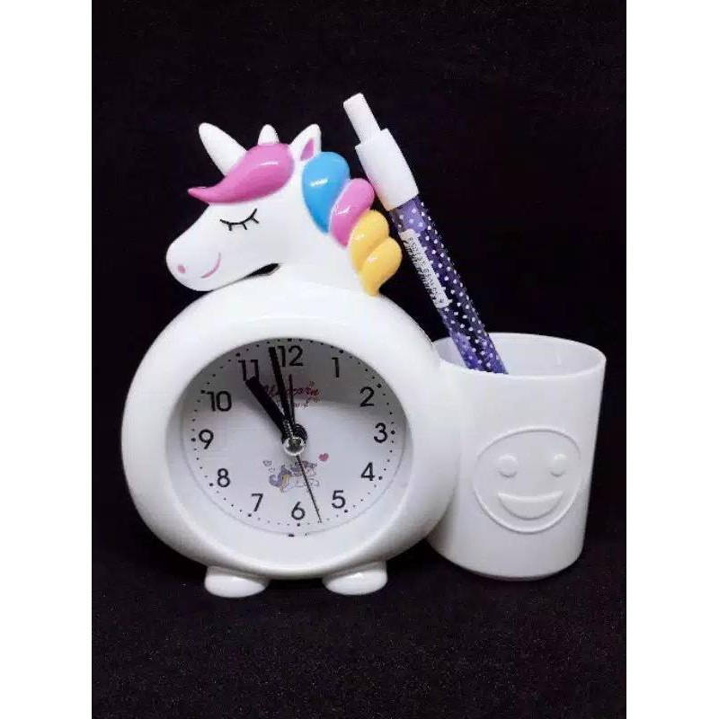 KARUNIA JAM - JAM BEKER ANAK UNICORN [ADA TEMPAT PENSIL BOLPEN] JAM ALARM MEJA