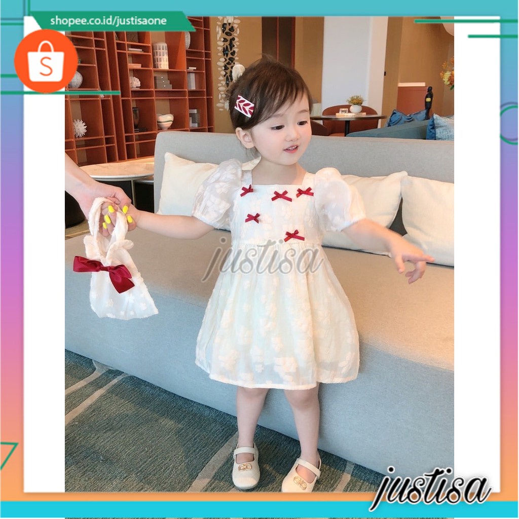 Promo !! Dress anak cewek - Dress white five ribbon accent import uk 1-3thn uk 5,7,9,11,13 (pink,cream,putih)