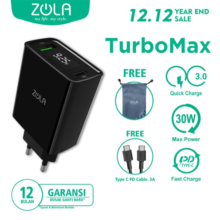 Zola Charger Turbo Max Led Display QC 3.0 & PD For Ipad pro & Macbook - Hitam Murah Berkualitas