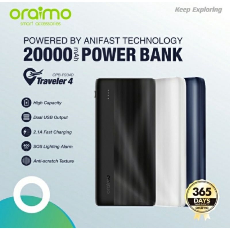 ORAIMO Powerbank 20000 mAh Traveler 4 Dual Usb Fast Charging OPB-204D