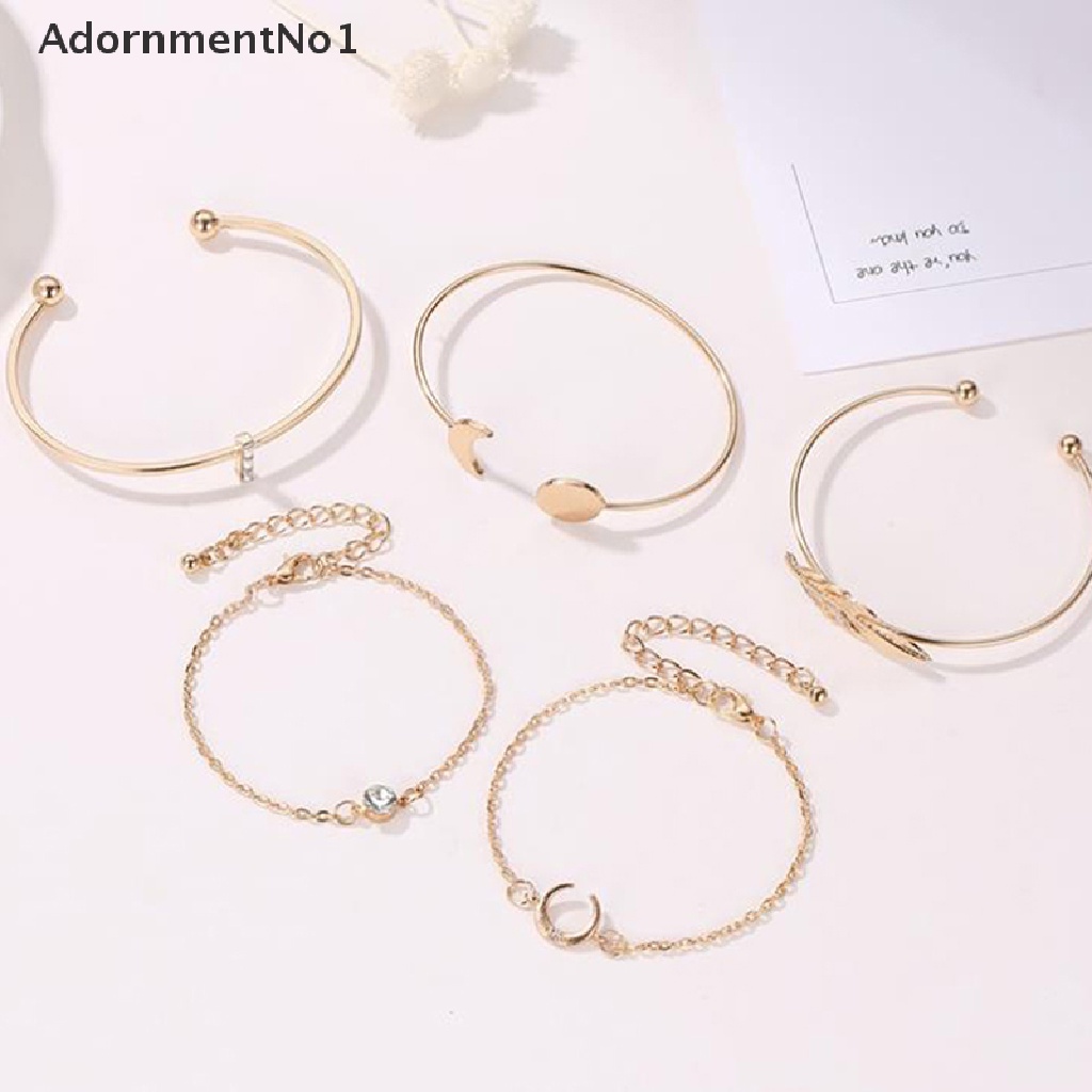 (AdornmentNo1) 5pcs / set Gelang Tangan Terbuka Gaya Bohemian Motif Daun + Bulan + Hollow Untuk Perhiasan Wanita / Pantai