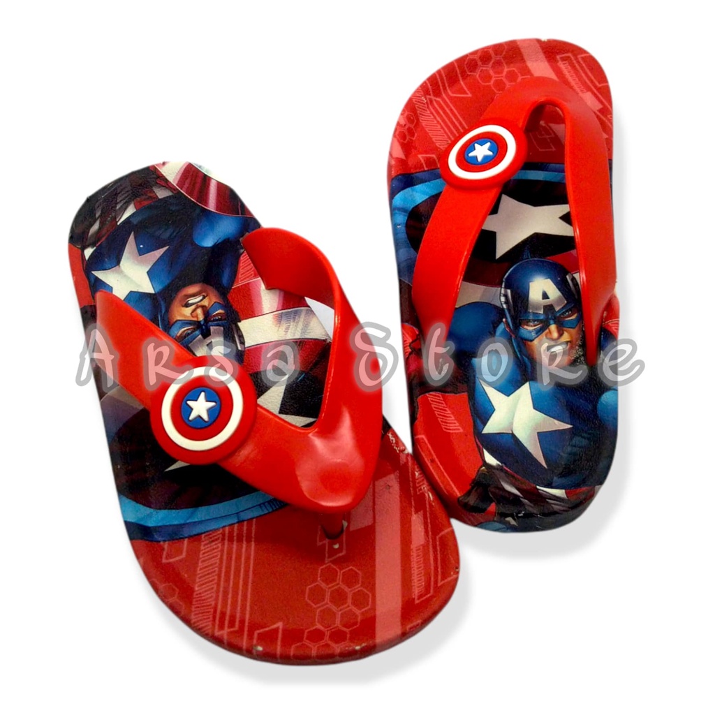 Sandal Jepit Jelly Anak Laki Laki Import Umur 2 3 4 Tahun / Sendal Karet Lucu Anak Cowok Motif Superhero Karakter Kapten Amerika / Kado Bagus Untuk Anak Ultah