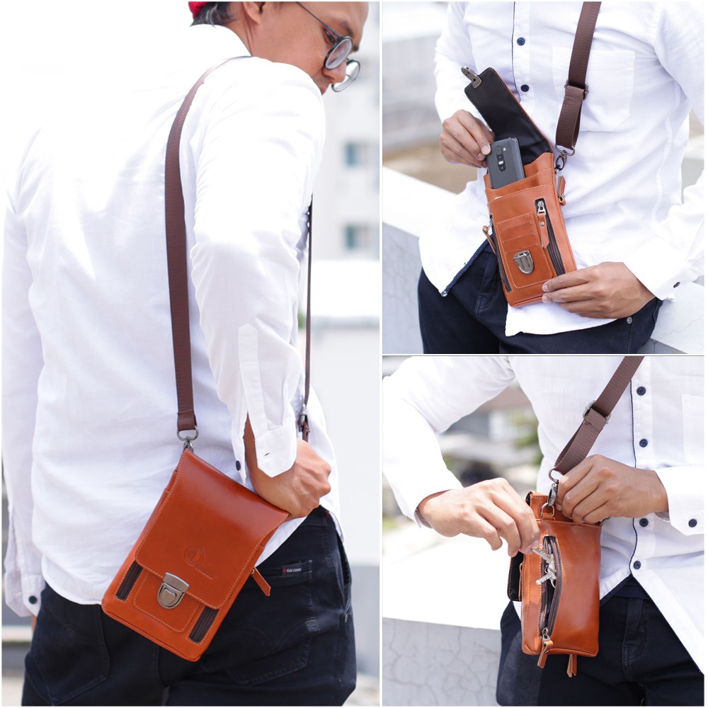 Tas Pinggang Pria Tas Cowok Selempang Sling Bag Multifungsi Bahan Kulit Sapi Asli Merk QI LEATHER