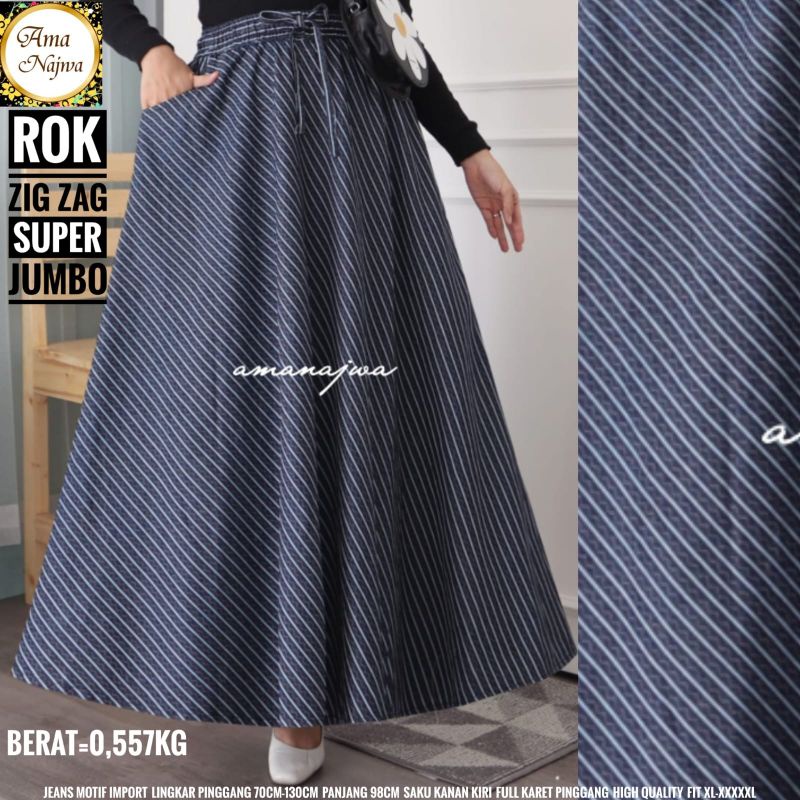 Zigzag Rok Super Jumbo Mayung Jeans Motif Garis Salur Lp 130 Fit XXXXL Pinggang Karet By Amj