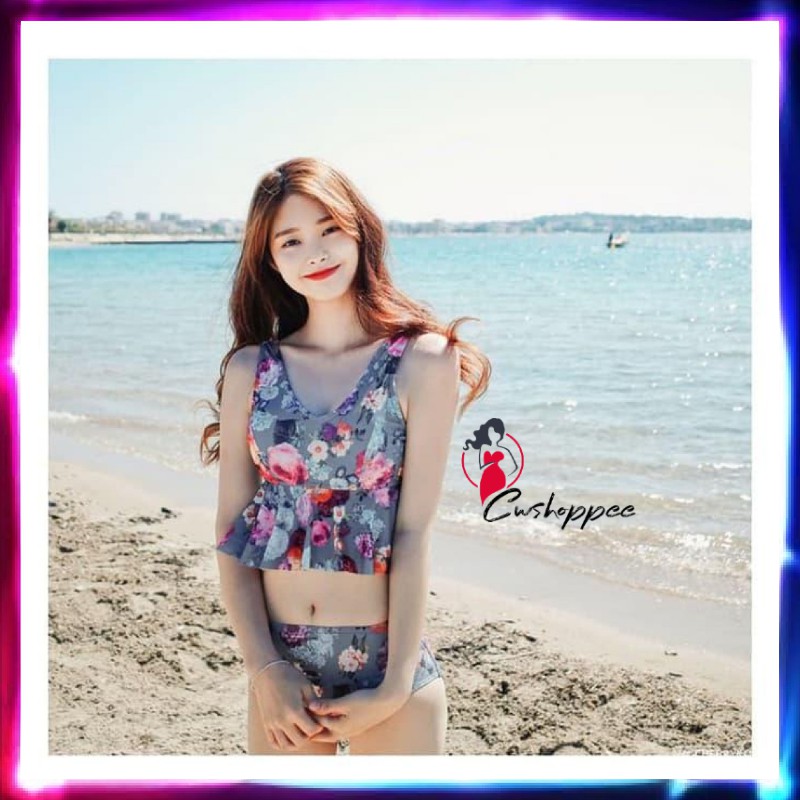 Baju Renang Wanita Bikini Set Korea Murah Lingerie Busa Bra Swimsuit Swimwear Bikini Pantai FLORAL