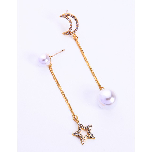 LRC Anting Tusuk Fashion Pearl Alloy Asymmetric Diamond Star Moon Pearl Stud Earrings F92066