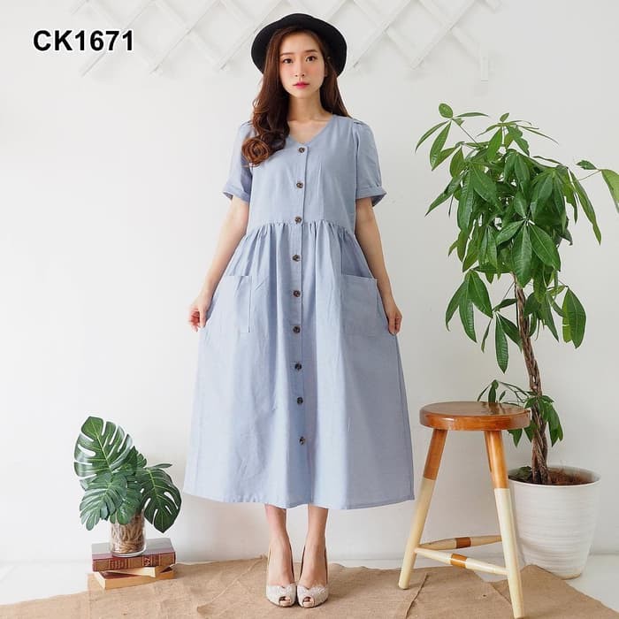 Midi Dress Zara full kancing katun Linen tidak nerawang Murah CK16