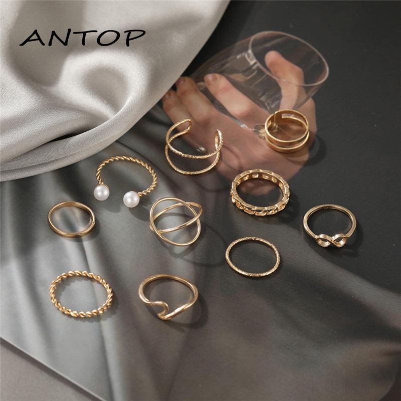 10 Pcs / Set Cincin Manik-Manik Mutiara Ganda Gelombang Geometris Untuk Wanita