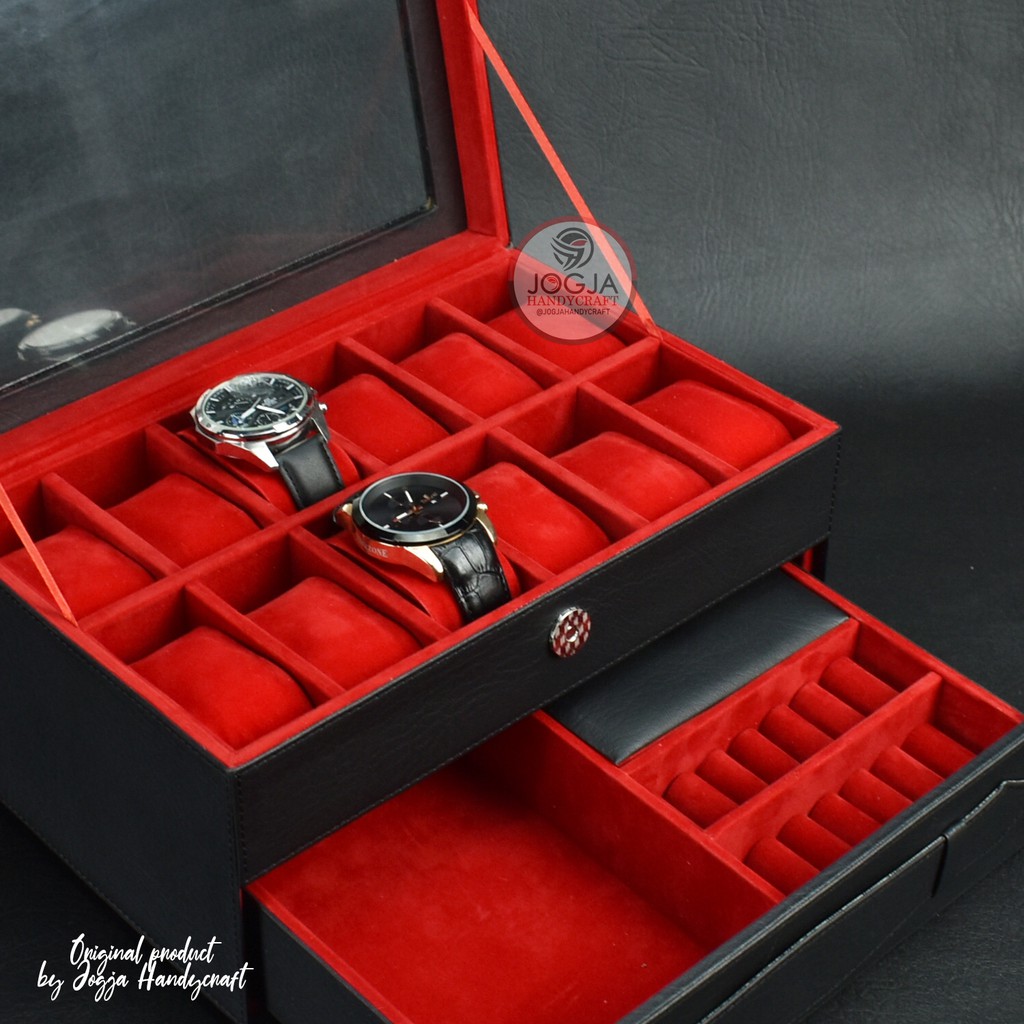 Black Red Kotak Tempat Jam Tangan Isi 12 Laci Perhiasan / Watch Box