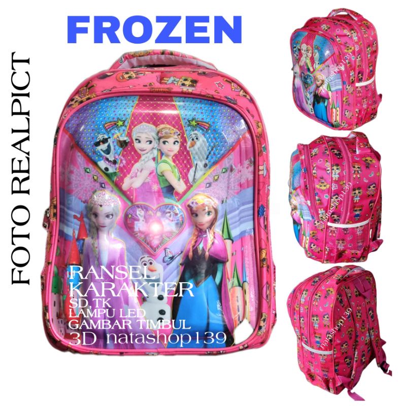 Promo Tas Sekolah TK-SD Anak Perempuan Tas Ransel Karakter Timbul Lampu Led 3D Frozen Elsa Anna