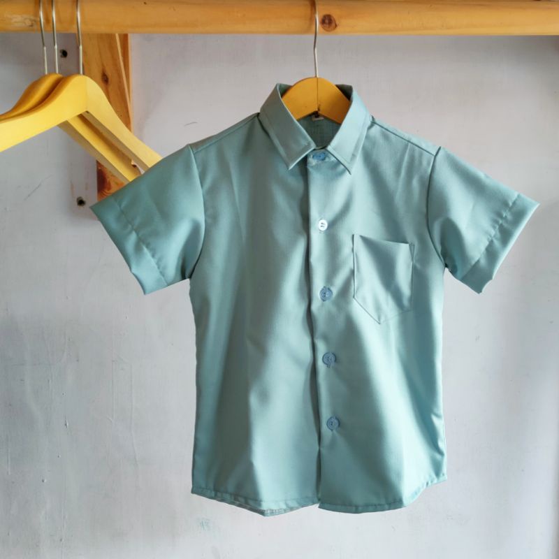 [ GRATIS DASI ] Kemeja Anak Laki-laki Lengan Pendek Biru Mint / Biru Wardah Bahan Katun Toyobo