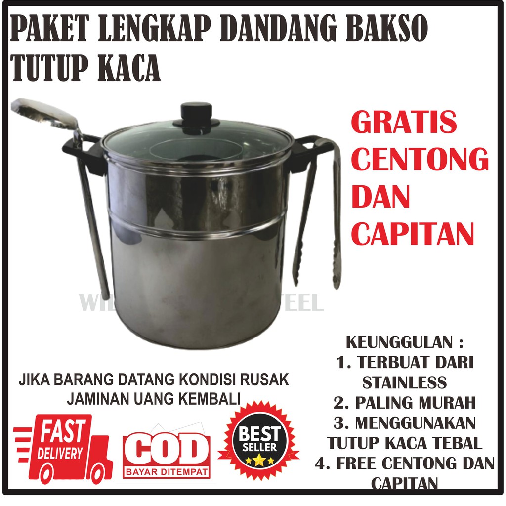TERMURAH PAKET LENGKAP DANDANG BAKSO TUTUP KACA UKURAN 22-30 STAINLEES STEEL