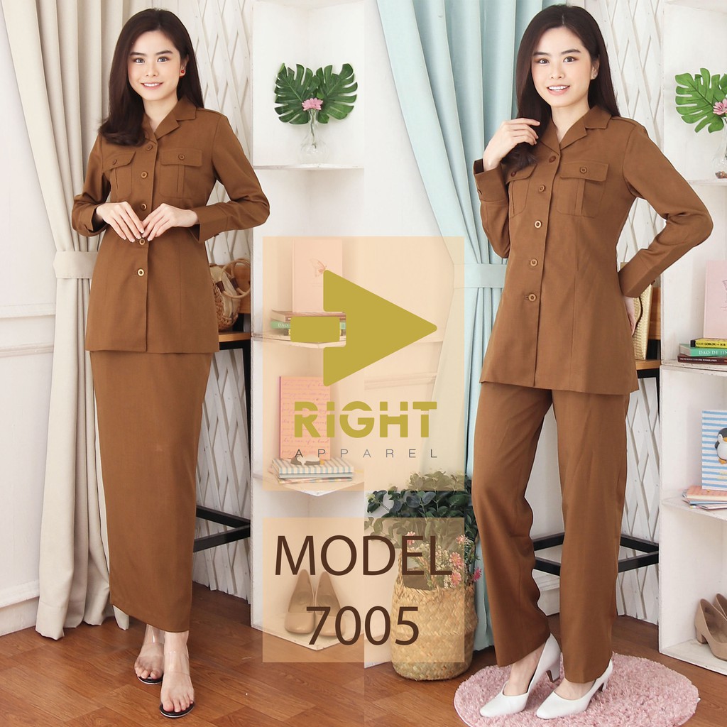 Blazer Seragam Kerah Jas Lengan Panjang 1 Baris Kancing Setelan Rok Span / Celana Panjang Warna KHAK