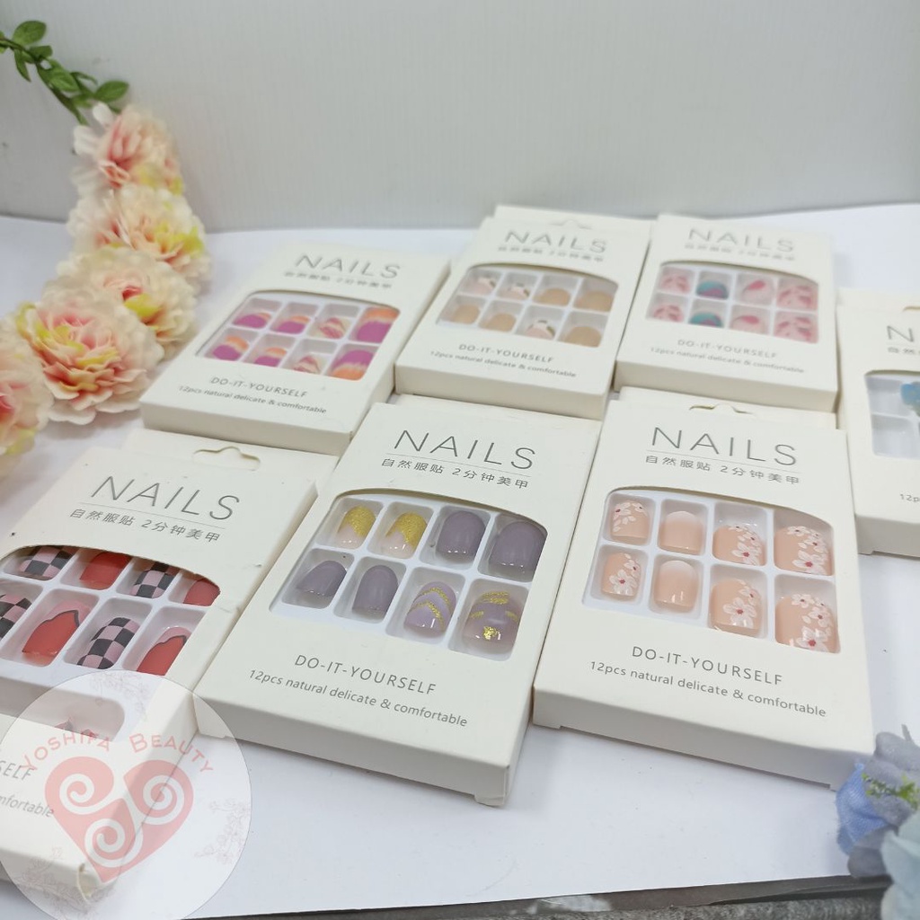 Kuku Palsu Set Pendek Panjang isi 12pcs Fake Nail Sticker Kuku Nail Art Free Lem Tahan Air