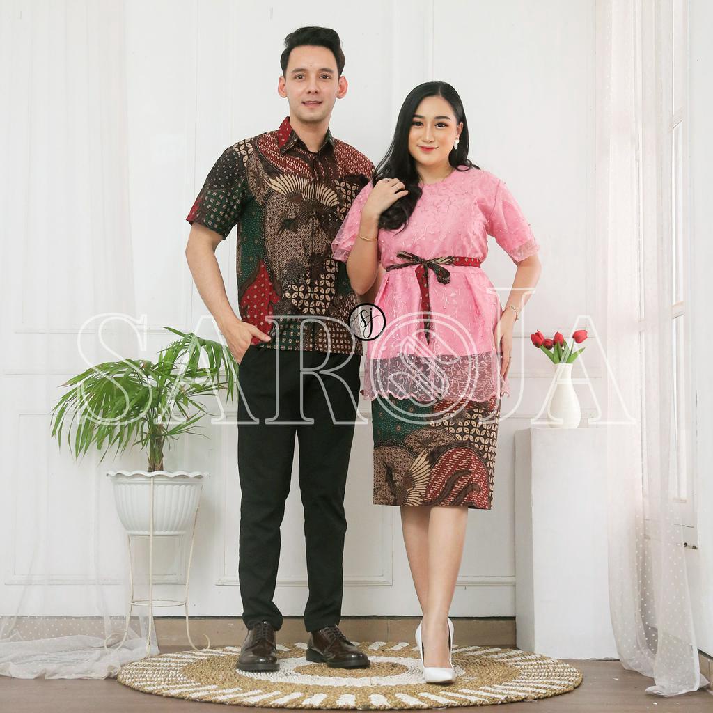 Saroja (532) Couple Batik Atasan Brukat Lengan Pendek Couple Aalona Fashion (5 Warna)