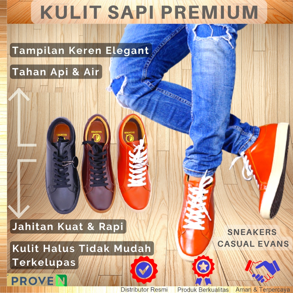 Sepatu Kulit Pria Asli Sepatu Sneaker Kulit Sapi Asli Sepatu Sneakers Kulit Pria Kasual Casual Evans Leather Shoes SP03 Jahitan Rapi Bahan Kulit Sapi Premium Garansi Original