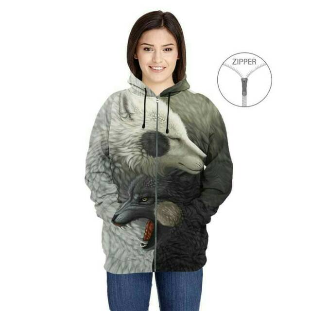 Jaket Hoodie WOLF YIN YANG Premium Wanita 3D Fullprint model zipper