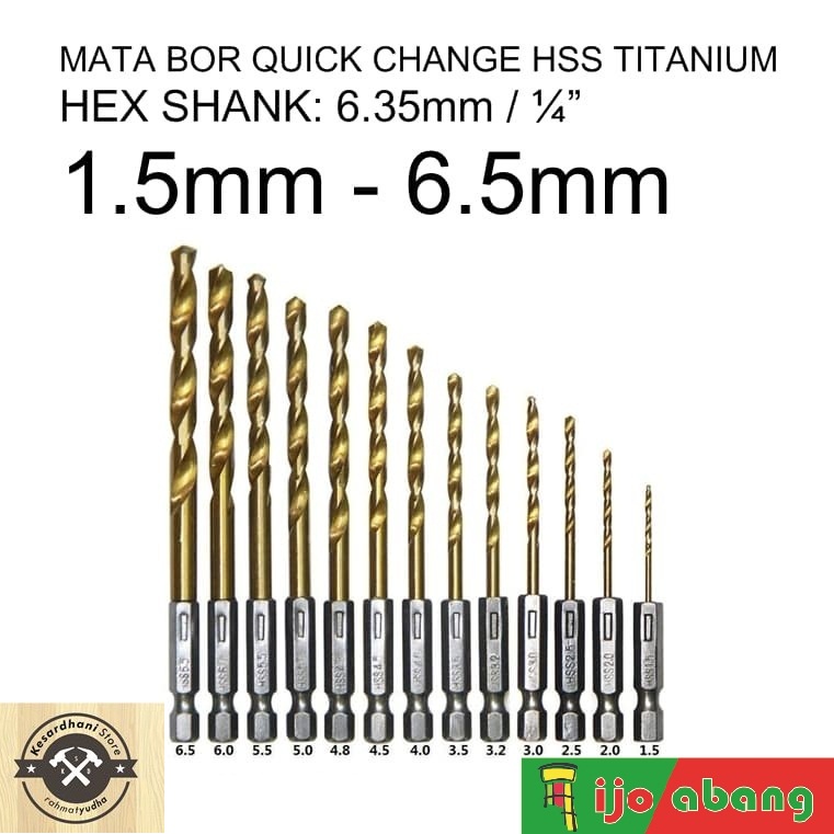 Mata Bor Set 13pcs Hex Besi HSS Titanium Power Drill Bit Steel 13 pcs Quick Change Shank 1.5 - 6.5 mm