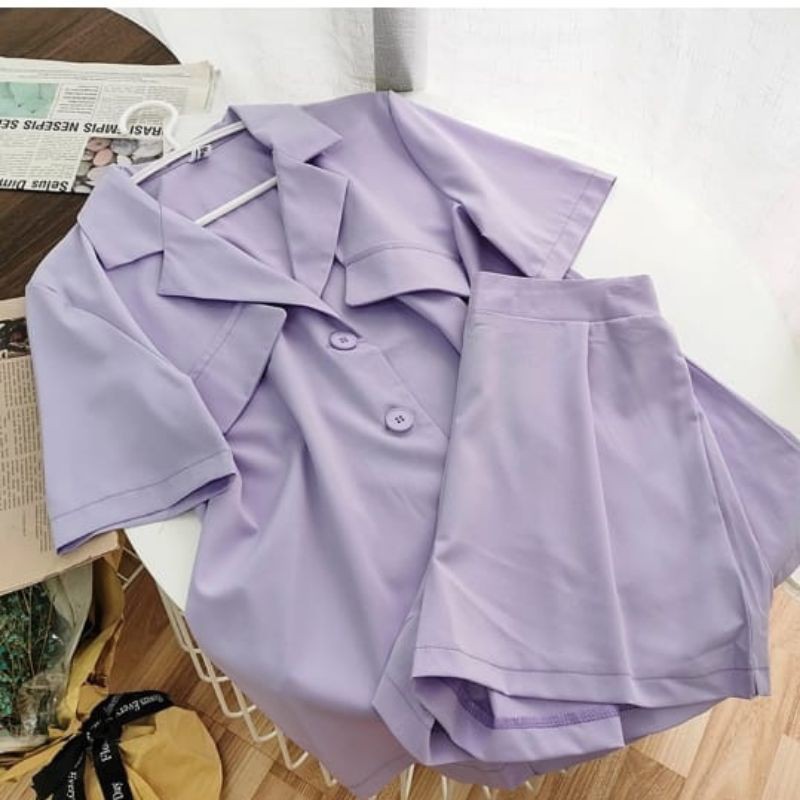SET OLIVIA Setelan celana setcel pendek Hotpants lilac basic busui Korean style fashion Korea outfit