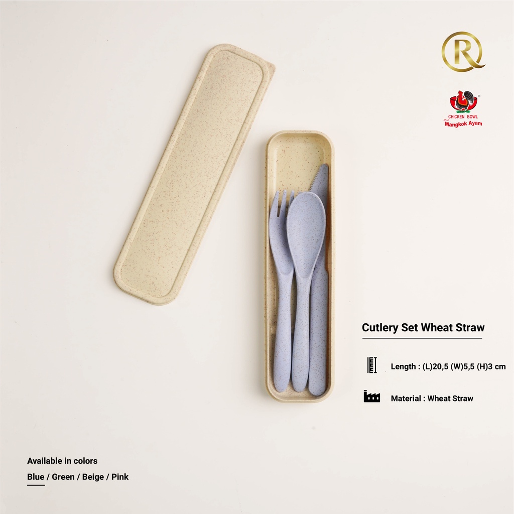 Sendok Set 3 in 1 Kotak Alat Makan Wheat Straw Blue Sendok, Garpu, Pisau