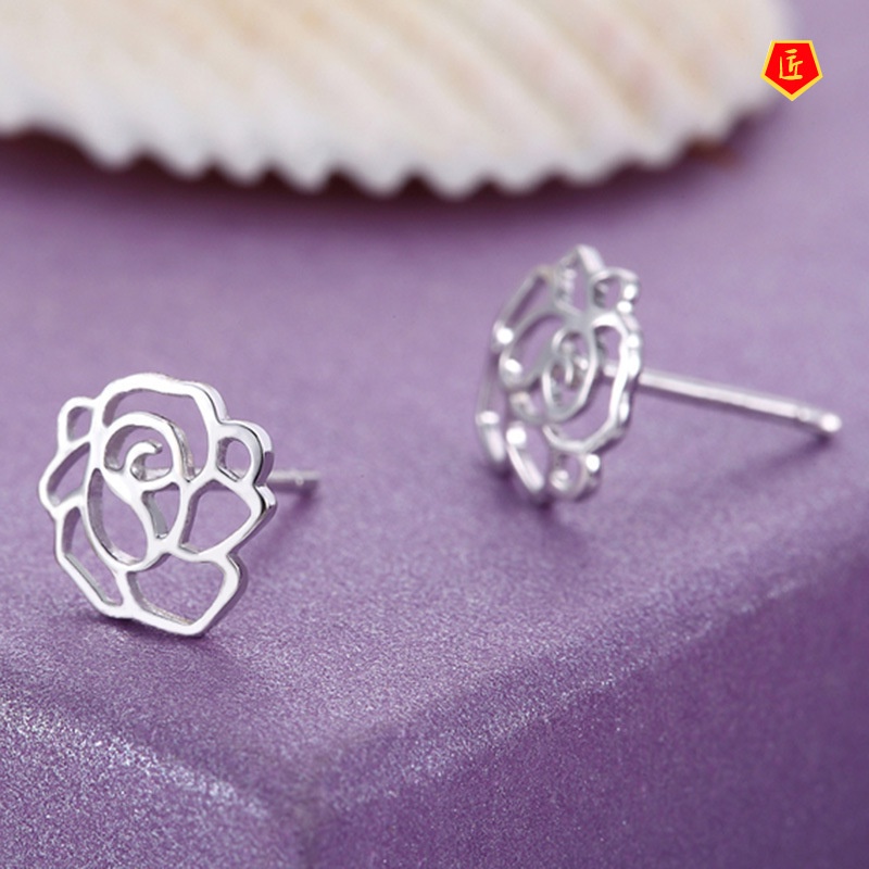 [Ready Stock]Elegant Hollow Peony Silver Stud Earrings