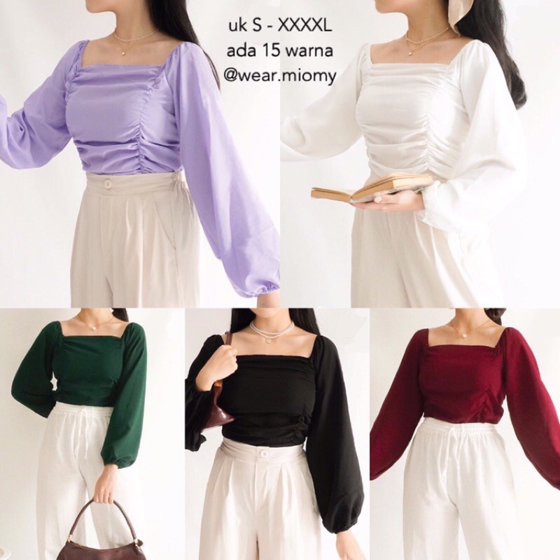 [S-XXXXXL] Shainee baloon Top Atasan Wanita Lengan Panjang Blouse Lilac Crop Serut big size jumbo Sa