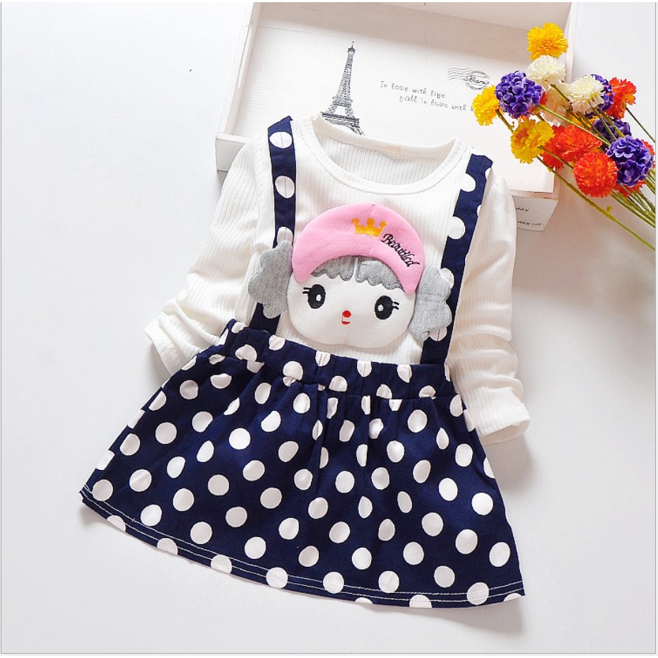 DP93 Dress anak /baju dress anak / pakaian bayi anak  perempuan lengan panjang  model boneka polkadot