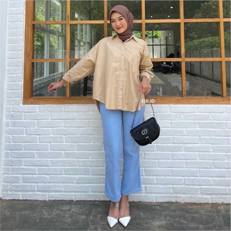 Kemeja Linen Oversize Shirt Polos Pocket Basic Wanita Premium