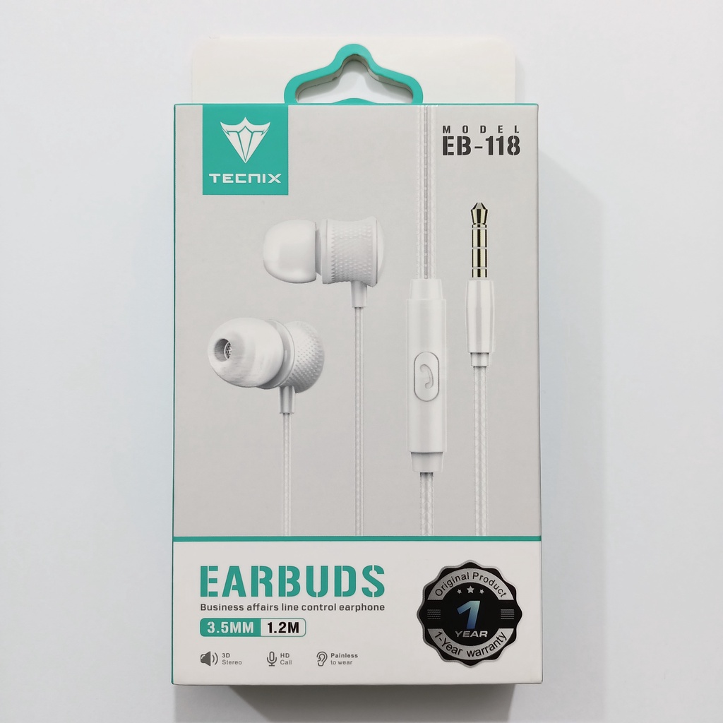 TECNIX Headset Earbuds EB-118 jack 3.5mm With Mic - Black and White -