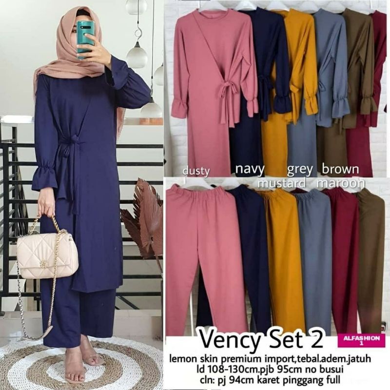 Vency Set #2, SETELAN TUNIK POLOS CANTIK FIT XXL LD 108-130 BAHAN LEMON SKIN PREMIUM TERMURAH OOTD