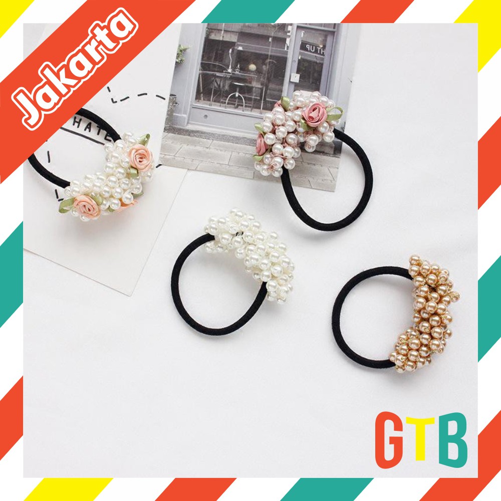 ❤️GTB❤️R124 Ikat Rambut Scrunchie dengan Manik-Manik Mutiara Wanita Fashion Impor Murah Batam