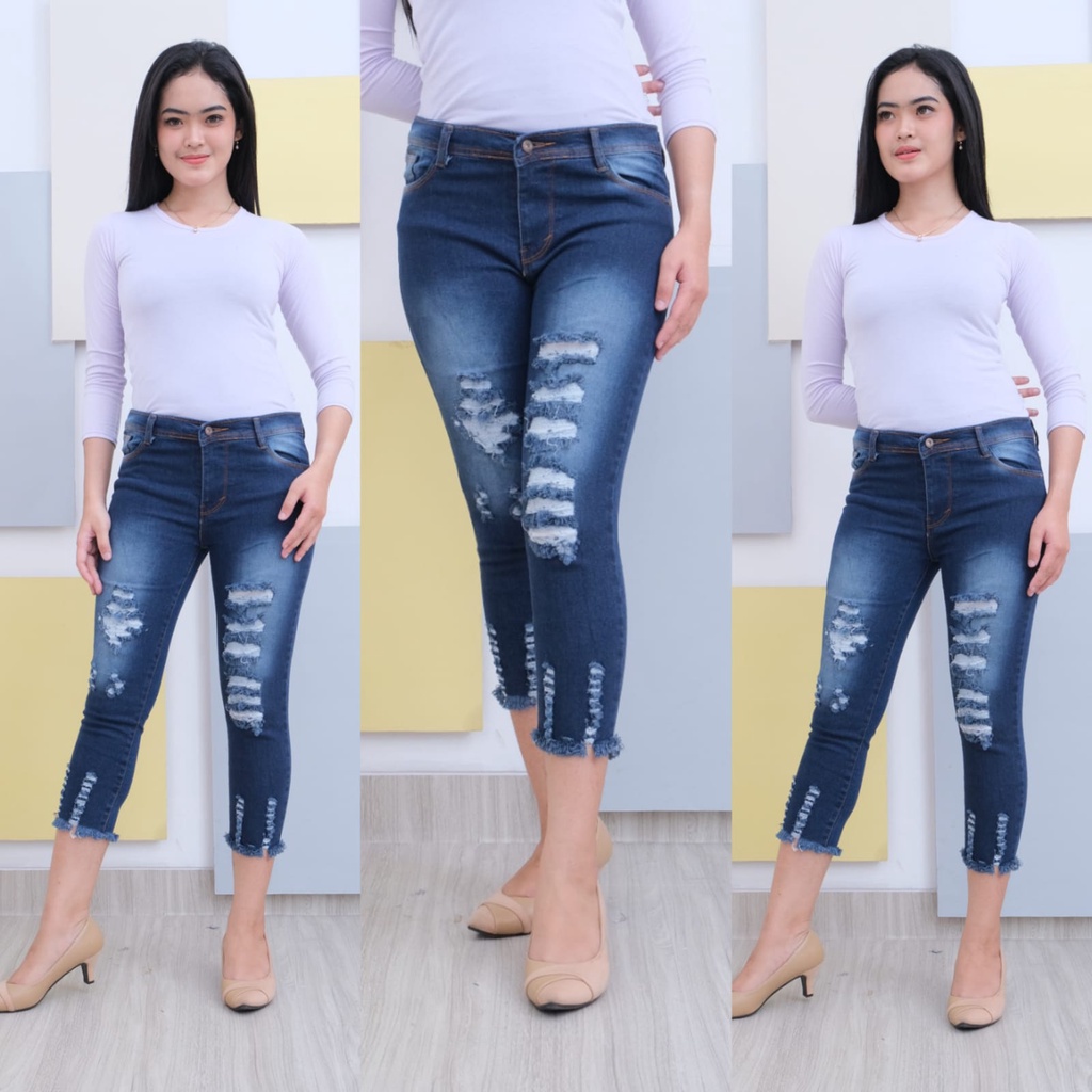 JENNER JEANS 7/9 WANITA SOBEK // CELANA JEANS RIPPED WANITA 7/9