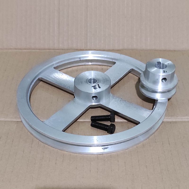 Paket pulley dinamo 2 " dan pulley penggerak 8 "  lubang as 12 mm jalur A1  bahan alumunium