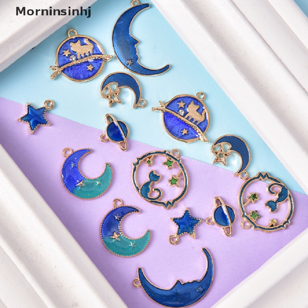 Mornin 24Pcs /Set Enamel Kucing Bulan Bintang Bumi Planet Charms Liontin DIY Membuat Perhiasan id