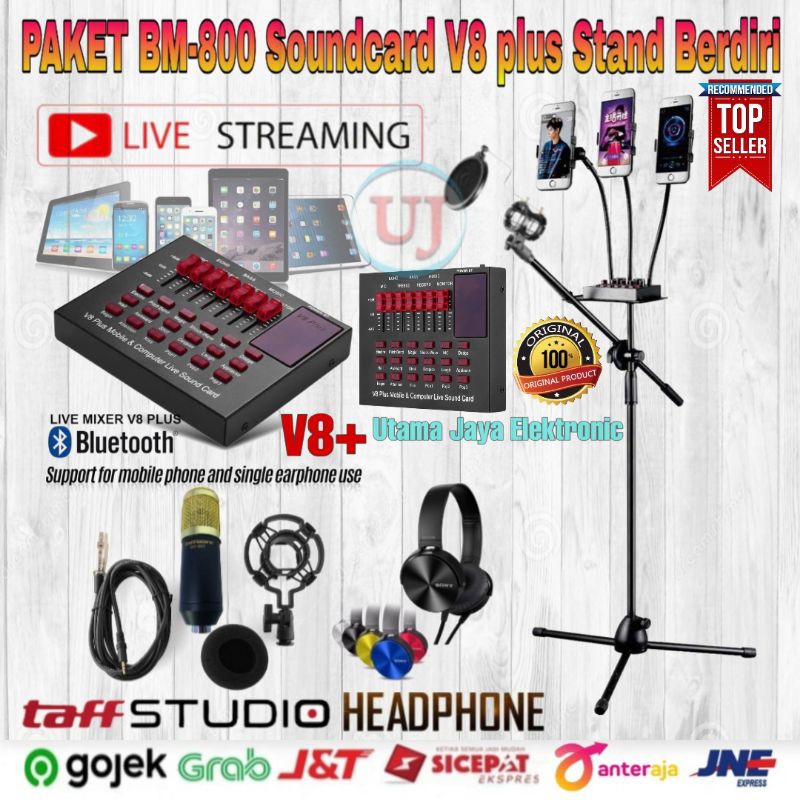 Paket Microphone BM800 Soundcard V8 plus Standing Berdiri 3x phone holder home recording terbaik