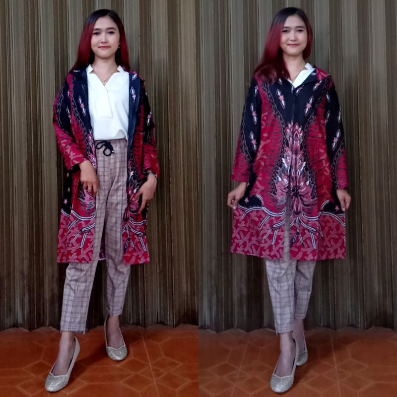 Daster Zipper Bunga Rebung Merah