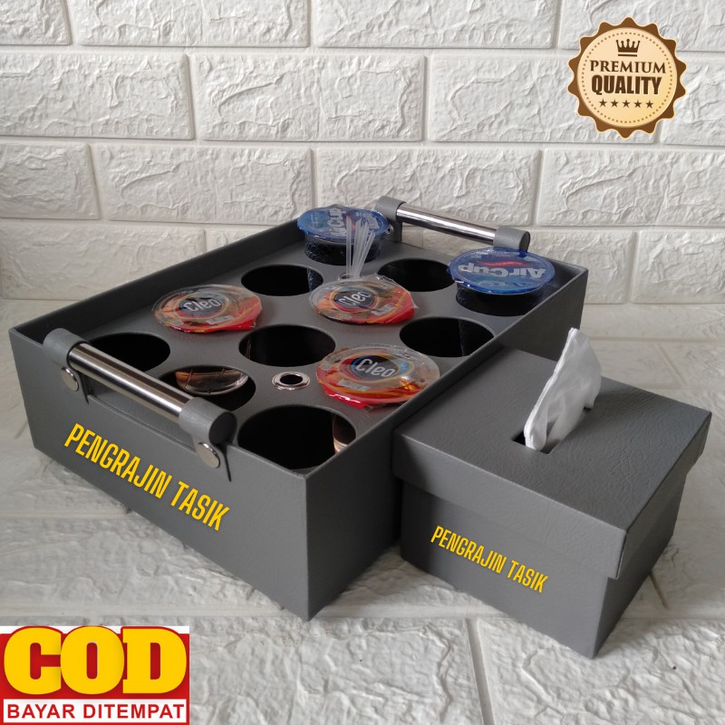 Tempat Aqua Gelas Unik Isi 12 Cup + Kotak Tisu Meja Makan Kulit Sintetis Isi 200 Sheet Keranjang Air