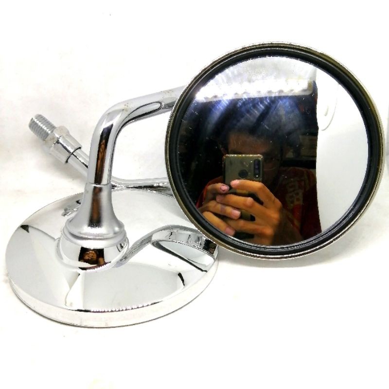 Spion Retro Bulat Kaca Cembung Tangkai Pendek Kecil Chrom Vespa Scoopy CB CBR Vixion Megapro Satria