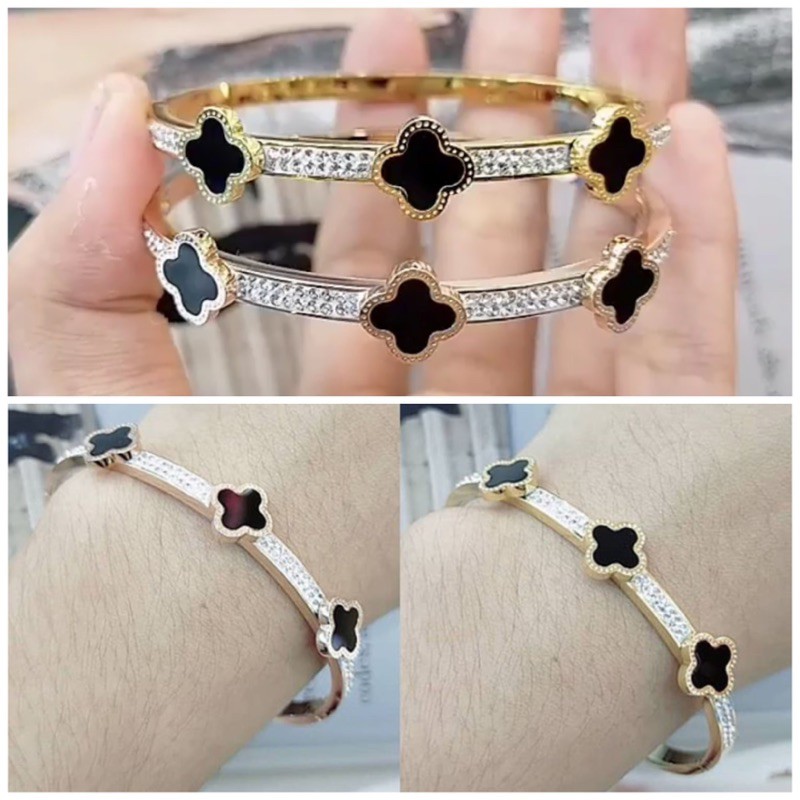 Gelang bangle hitam bunga VC titanium keliling mata diamond