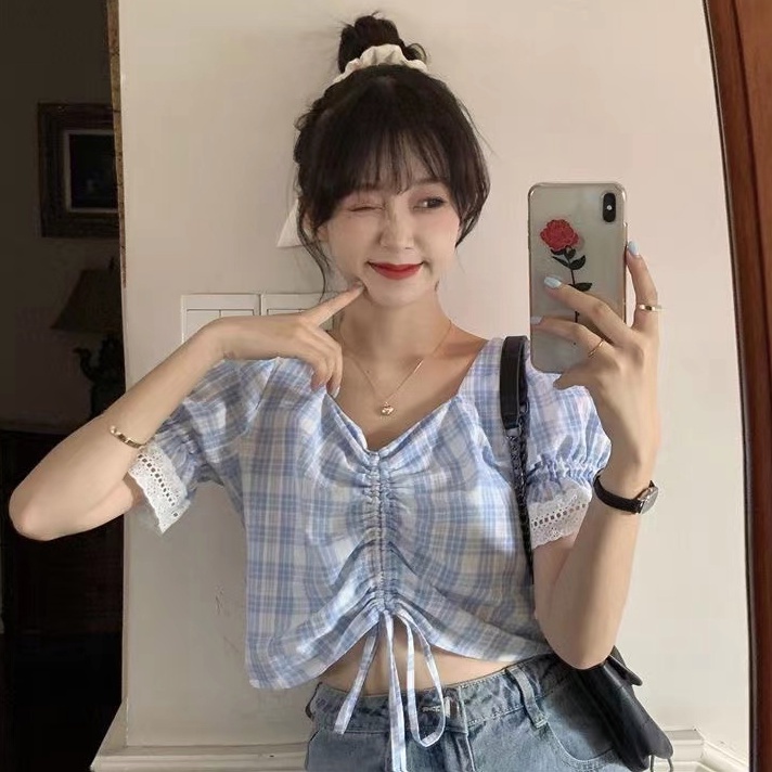 MOOGU ♡ Korea kotak-kotak lengan pendek blouse atasan wanita